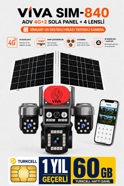 VİVA Sim-840 Çift Güneş Panelli 4G Sim Kartlı Kablosuz 4 Lensli Dış Mekan Güv...