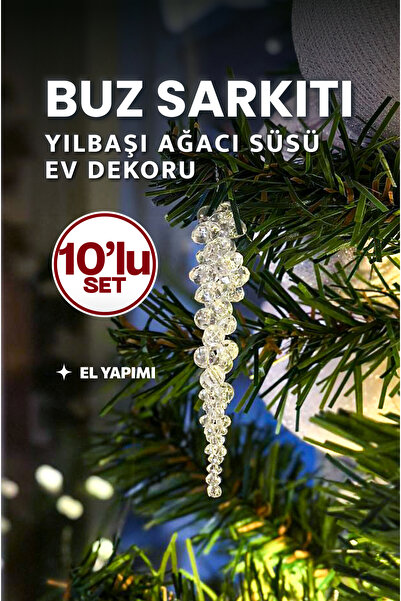 Buz Sarkıtı 10'lu Set Yılbaşı Çam Ağacı ve Ev Dekorasyonu Süsü / Janjanlı Akrilik Boncuklu