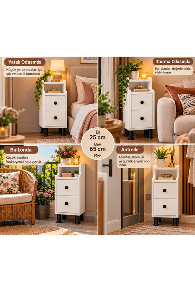 Çok Amaçlı Modern Yan Sehpa Organizer Yatak Odası Komodin 25cm Ahşap Görünümlü Ev Tamamlayıcı