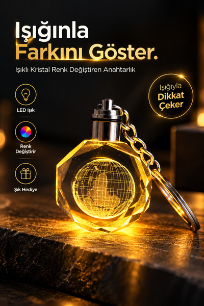 Dünya Tasarımlı Renk Değiştiren Işıklı Kristal Anahtarlık Sevgiliye Hediye