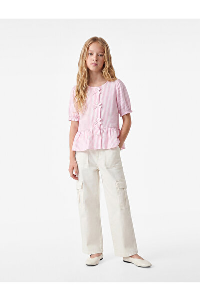 Koton Viscose Blended Crew Neck Bowknot Striped Blouse