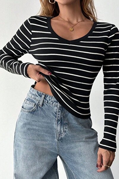 bb butik basic Καμισόλ Χτενισμένη Βαμβακερή Ριγέ Μπλούζα - 2057B