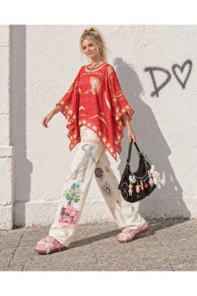 dolabımdakalsın Kadın kırmızı etnik desenli oversize bluz DKHF045
