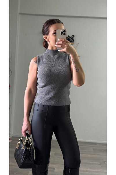 Derya Akyol Sıfır Kol Antrasit Sakallı Triko Body Bluz Süveter