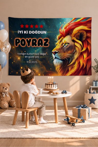 Homamia Kişiye Özel Doğum Günü Duvar Örtüsü Duvar Halısı Aslan