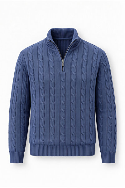 Valiberta Bardem Haargeflecht-Herrenpullover mit halbem Reißverschluss – Indigo