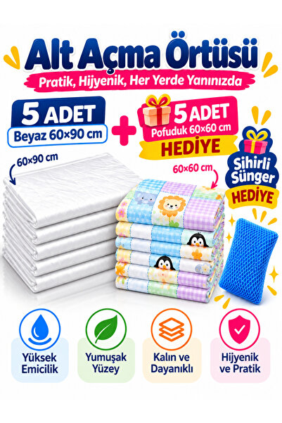 Naturashine Pofuduk Alt Değiştirme Örtüsü Hediyeli 60x90 cm Bebek Alt Açma Örtüsü 5 Adet + 60x60 cm Pofuduk 5 Adet – 10’lu Paket