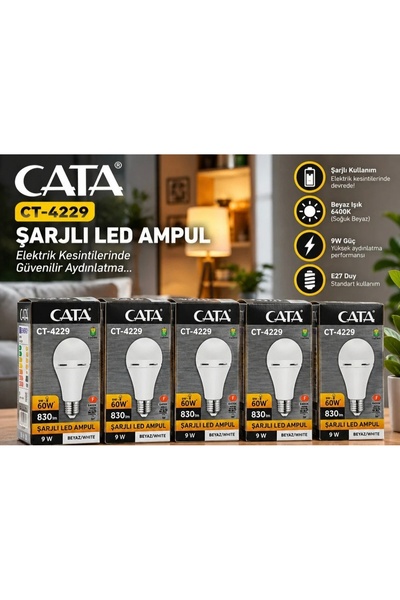 Cata CT-4229 9W Şarjlı LED Ampul – 6400K Beyaz Işık