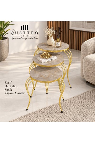 QUATTRO HOME Gri ve Gold Lükens Ayaklı 3'lü Zigon Sehpa Takımı