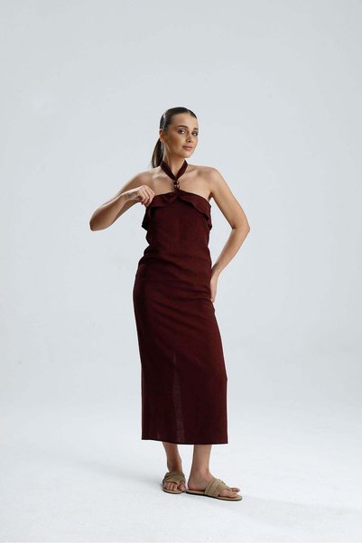 COLLECTİON EVALINA rochie lungă și strâmtă din in, cu detaliu de mărgele și legătură la gât
