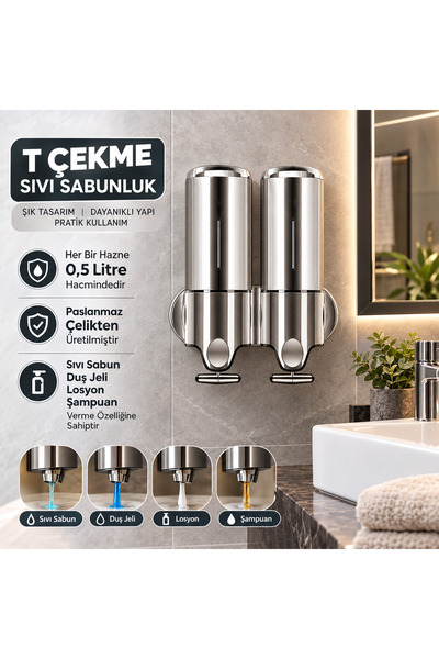 Arı Metal Dolumax T Çekmeli Sıvı Sabunluk Ve Şampuan Verici 2 Li Parlak