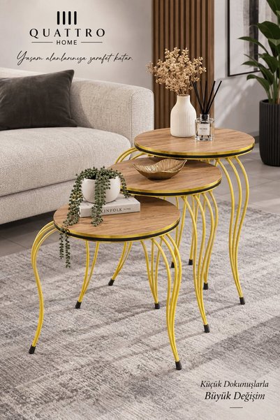 QUATTRO HOME Lükens Ayaklı 3'lü Zigon Sehpa Takımı Çam Kahverengi