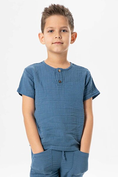 Eliş Şile Bezi Short Sleeve Western Summer Muslin Boys' Tshirt Indigo Indg