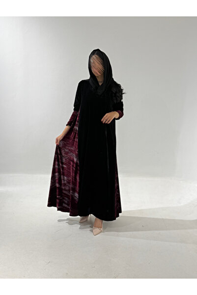 Tori Black Velvet Abaya with Burgundy Velvet Inlays and Printed Design