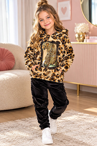 Store Kadife Leopar Kaplanlı Kız Eşofman Takımı