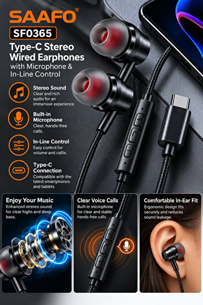 Saafo SF0365 Type-C Stereo Wired Earphones with Microphone & In-Line Control - Black