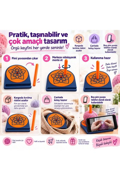 Devletli 3d Yumak Spinner - Knitting Yarn Holder - Yarn Spinner - Reel Holder - Yumak Stand — Navy Blue - Orange
