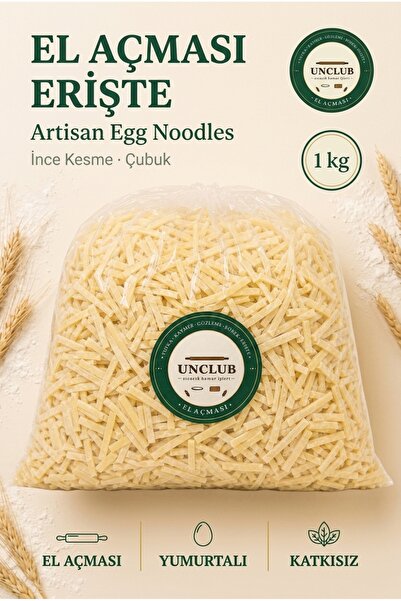 Bol Yumurtalı El Açması Sade Erişte — İnce Kesme (Çubuk) 1000 gr | Katkısız & Doğal