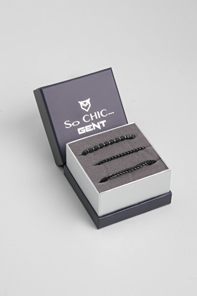 So CHIC... Gri Hematit Taşlı Ayarlanabilir Erkek Çelik Üçlü Bileklik Seti