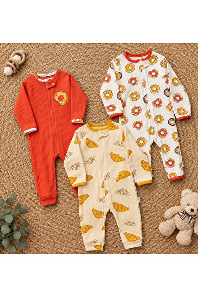 ENİA BABY Unisex Croissant Themed Baby Patterned Zippered 3-Piece Jumpsuit 9-...