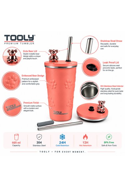 tooly Stainless Steel Vacuum Insulated Thermal Cup for Hot and Cold Beverages with Bear Design Lid and Reusable Straw from TOOLY, Pink (Coral Pink), 600ml