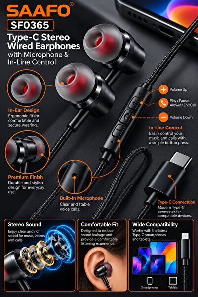 Saafo SF0365 Type-C Stereo Wired Earphones with Microphone & In-Line Control - Black