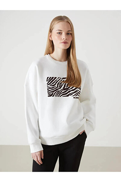LC Waikiki LCW Vision Ekru Bisiklet Yaka Baskılı Oversize Kadın Kalın Sweatshirt