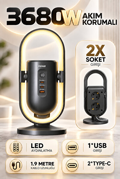 Enshall Akım Korumalı Fulltech FTR-39 Masaüstü Priz ve LED Aydınlatma, 2 Priz...
