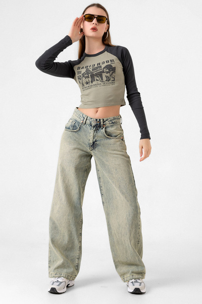 Genel Markalar Yeşil Tint - Wide Leg Baggy Kot Pantolon