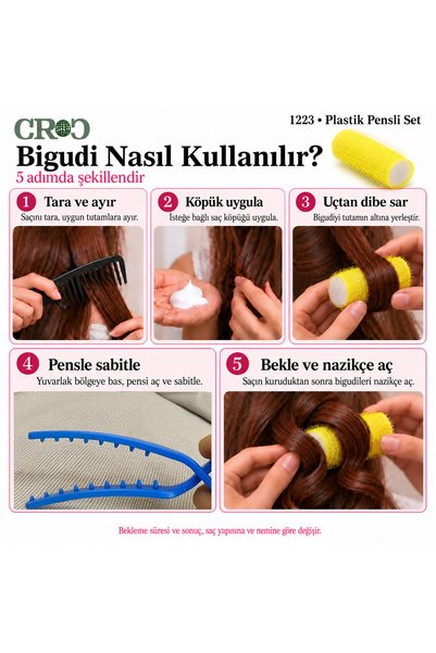 Croc 1223 Sarı 7Li Bigudi Çap:2Cm (+10Lu Plastik Pensli) Cırtlı Saç Bigudisi