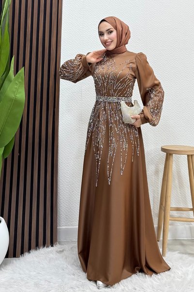 Lamia Giyim İkbal Taşlı Saten Abiye Açık Kahve