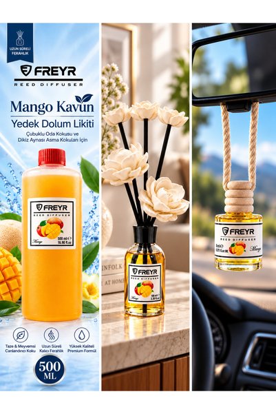 FREYR Oda ve Oto Kokusu Mango Kavun Seti 500 ml Yedek Dolum Likiti, 100 ml Çu...