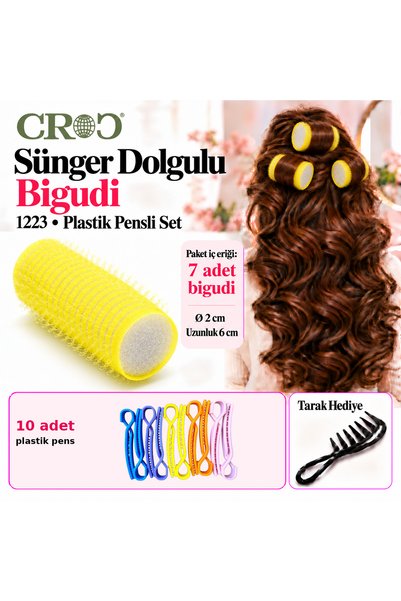Croc 1223 Sarı 7Li Bigudi Çap:2Cm (+10Lu Plastik Pensli) Cırtlı Saç Bigudisi