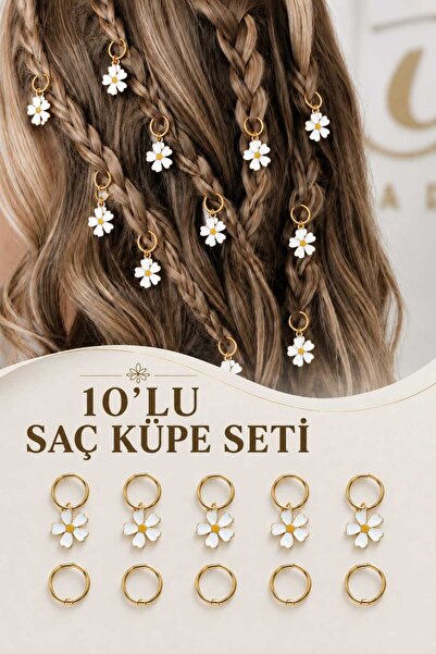 Kadın Gold 10 Parça Papatya Figürlü Saç Küpesi Saç Süsü Örgü Çiçek Detay Charm Saç Küpesi