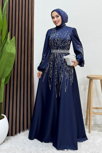 Lamia Giyim İkbal Taşlı Saten Abiye Lacivert