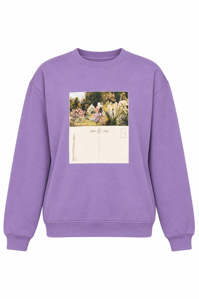 Amia&Co. Kadın Lila Şardonlu Baskılı Pamuklu Sweatshirt