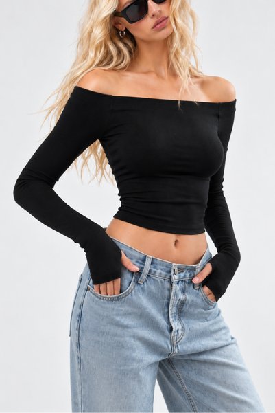 World Fashion Trends Madonna Collar Finger Detailed Flexible Crop Blouse