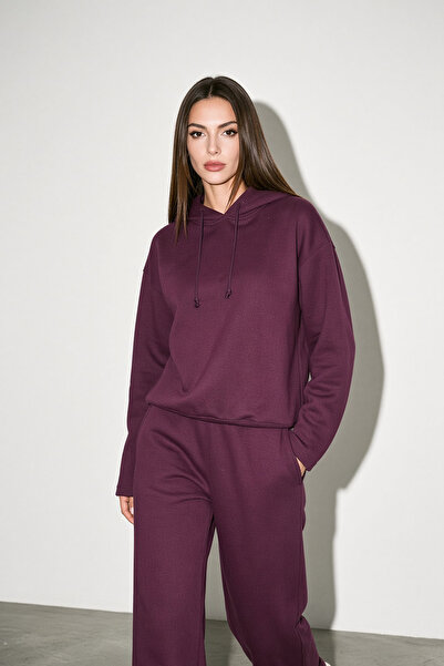 Amia&Co. Kadın Bordo Oversize Kapüşonlu 3 İplik Eşofman Takımı – Rahat Kesim ...