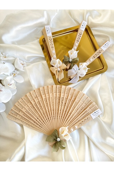 Gami Handmade Zambak Süslemeli İnci Detaylı Ahşap Yelpaze - Nişan, Nikah, Söz, Kına - 10 Adet