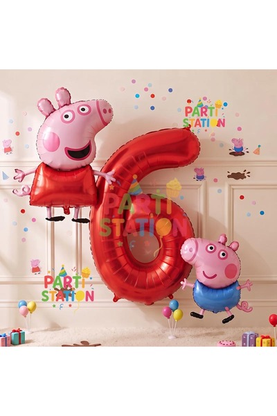 Parti Station Peppa Pig Concept 6 Year Old Balloon Set Pink Pig Peppa Pig Geo...