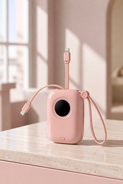 VİALUNA 10.000 mAh Çift Kablolu Powerbank – Type-C & Lightning - Pembe