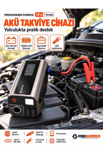 Akü Takviye Cihazı 12000 mAh Kompresörlü Araç Süpürgesi ve Powerbank 10'u 1 Arada PHM014