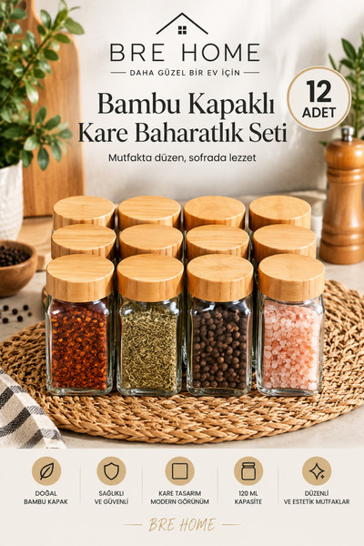 BRE HOME 12 adet bambu kapaklı kare cam baharatlık,  serpme başlıklı, etiketl...