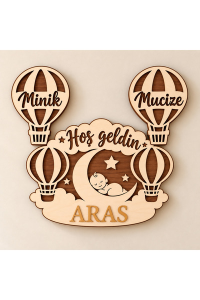 LAZERRA HOME Kişiye Özel Bebek Odası Duvar Süsü 3 Parça, Ay Bebekli Gold Plek...