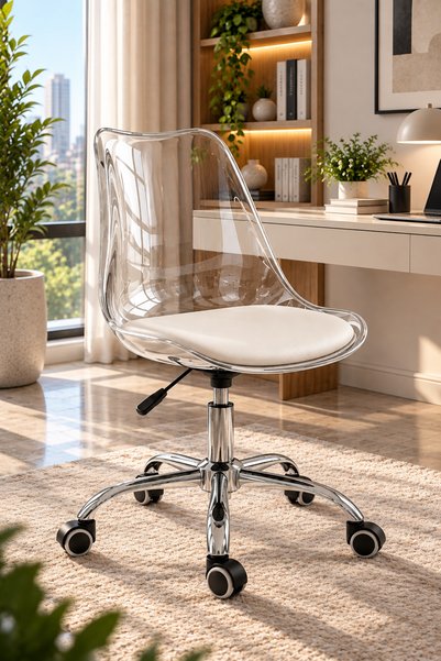 Taimi Modern Clear White Office Chair, 360°Swivel, Adjustable Height, Padded ...
