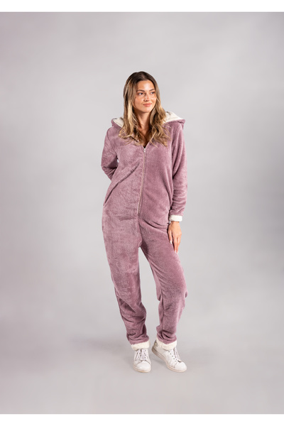 SEAMOUNT Kışlık Lila Kapüşonlu Polar Peluş Tulum, Pijama Takımı