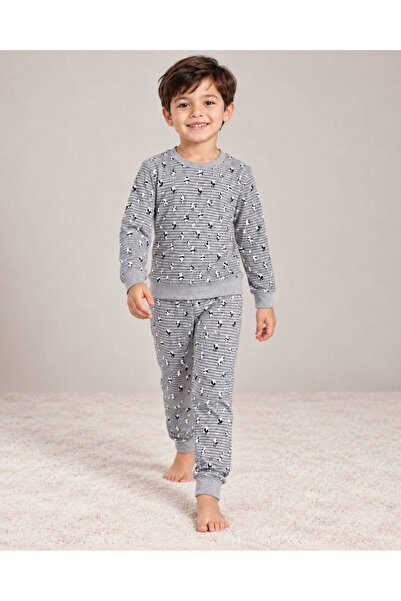 Çizgi Desenli Gri Renk Çocuk Uzun Kollu Pamuklu Alt Üst Pijama Takımı