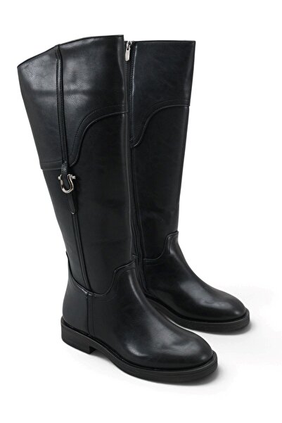 MODAADAM Women's Date Flat Sole Buckle Boots - Black-Leather
