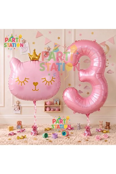 Parti Station Pink Cat Balloon 3rd Birthday Balloon Set Pink Cat Theme Balloo...