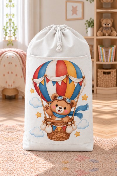 Paris Home Cepli Oyuncak Saklama Torbası 80x50 cm Çocuk Odası Büzgülü Kumaş O...